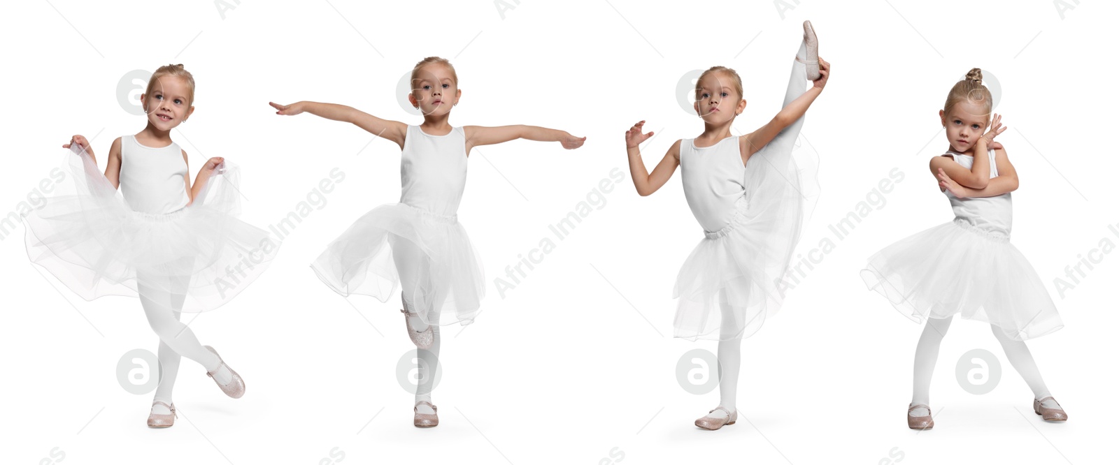 Image of Small ballerina on white background, collage of photos