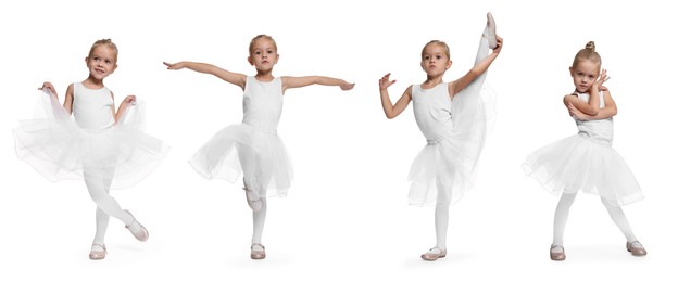 Image of Small ballerina on white background, collage of photos