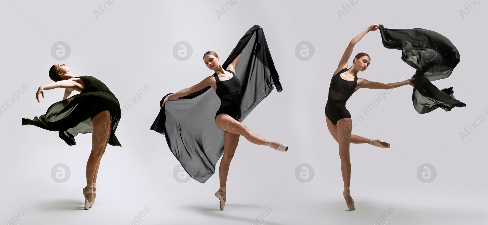 Image of Graceful young ballerina practicing dance moves with black veil on light grey background, collage of photos