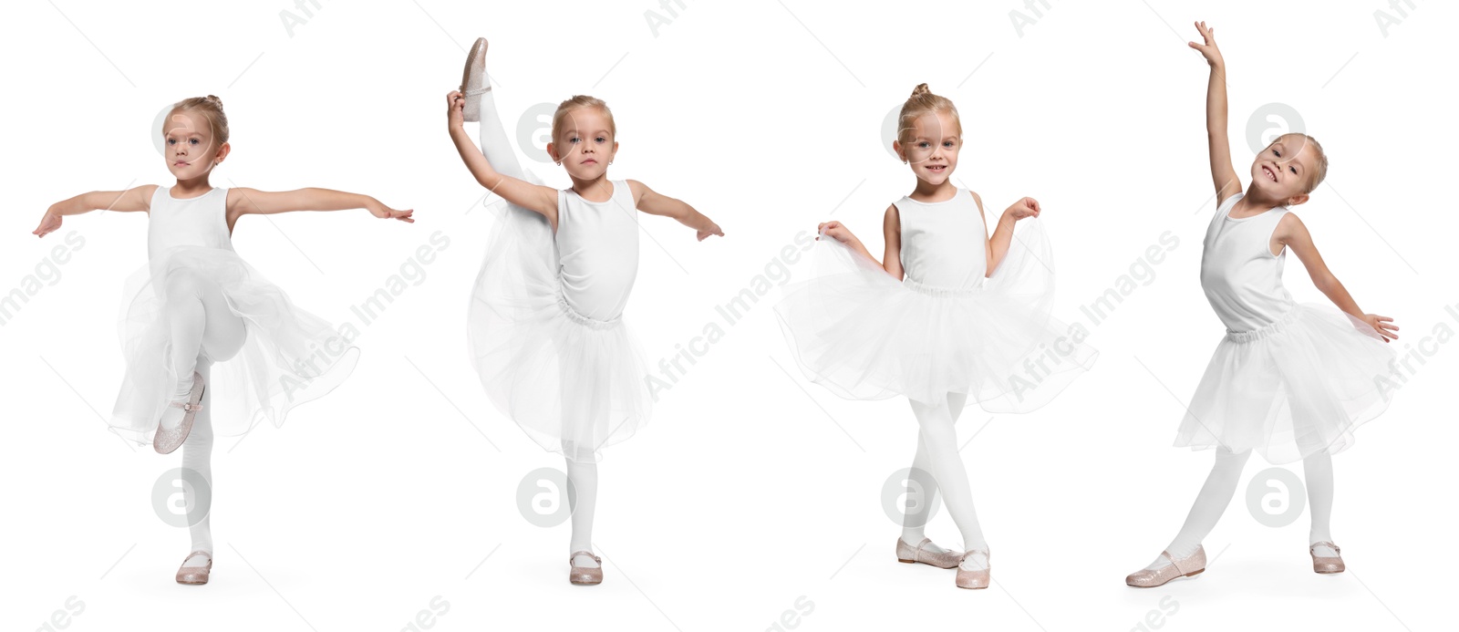 Image of Small ballerina on white background, collage of photos