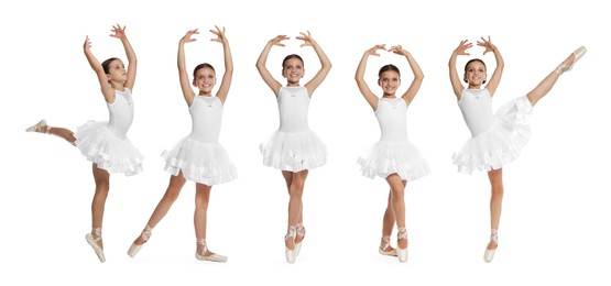 Image of Small ballerina practicing dance moves on white background, collage of photos