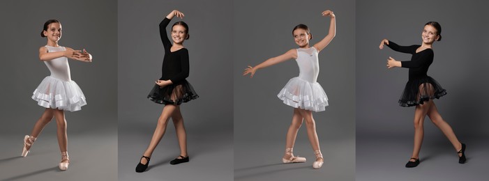 Image of Small ballerina practicing dance moves on grey background, collage of photos