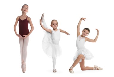 Image of Small ballerinas practicing dance moves on white background, collage of photos