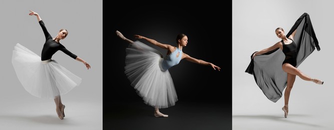 Image of Graceful young ballerina practicing dance moves, collage of photos on different backgrounds