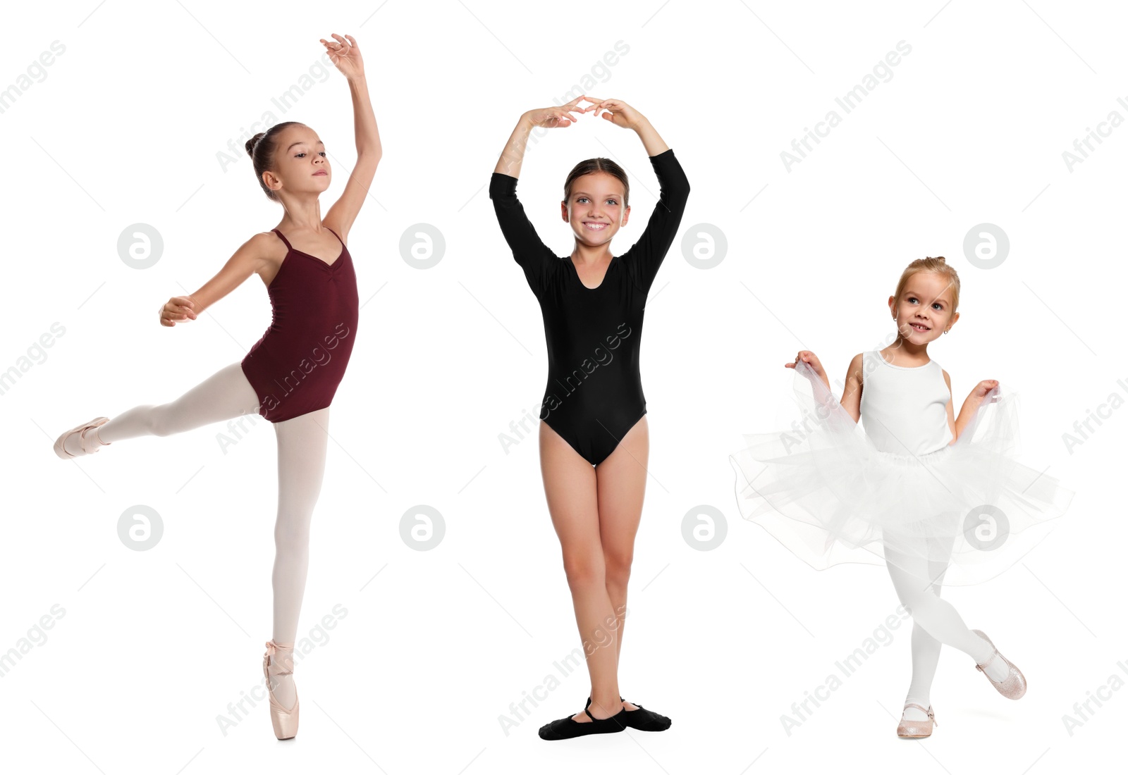 Image of Small ballerinas practicing dance moves on white background, collage of photos