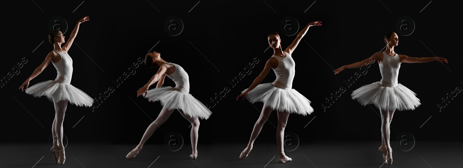 Image of Graceful young ballerina practicing dance moves on black background, collage of photos