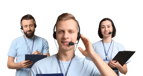 Image of Technical support call center. Friendly operators with headsets on white background