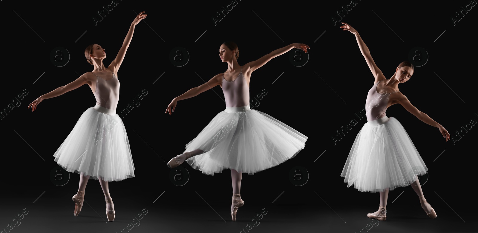 Image of Graceful young ballerina practicing dance moves on black background, collage of photos