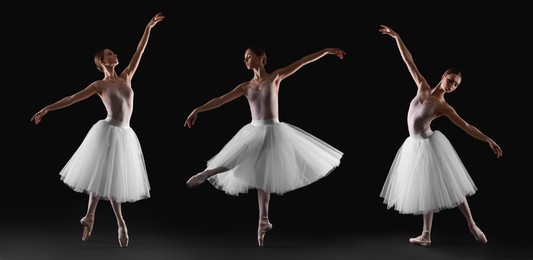 Image of Graceful young ballerina practicing dance moves on black background, collage of photos