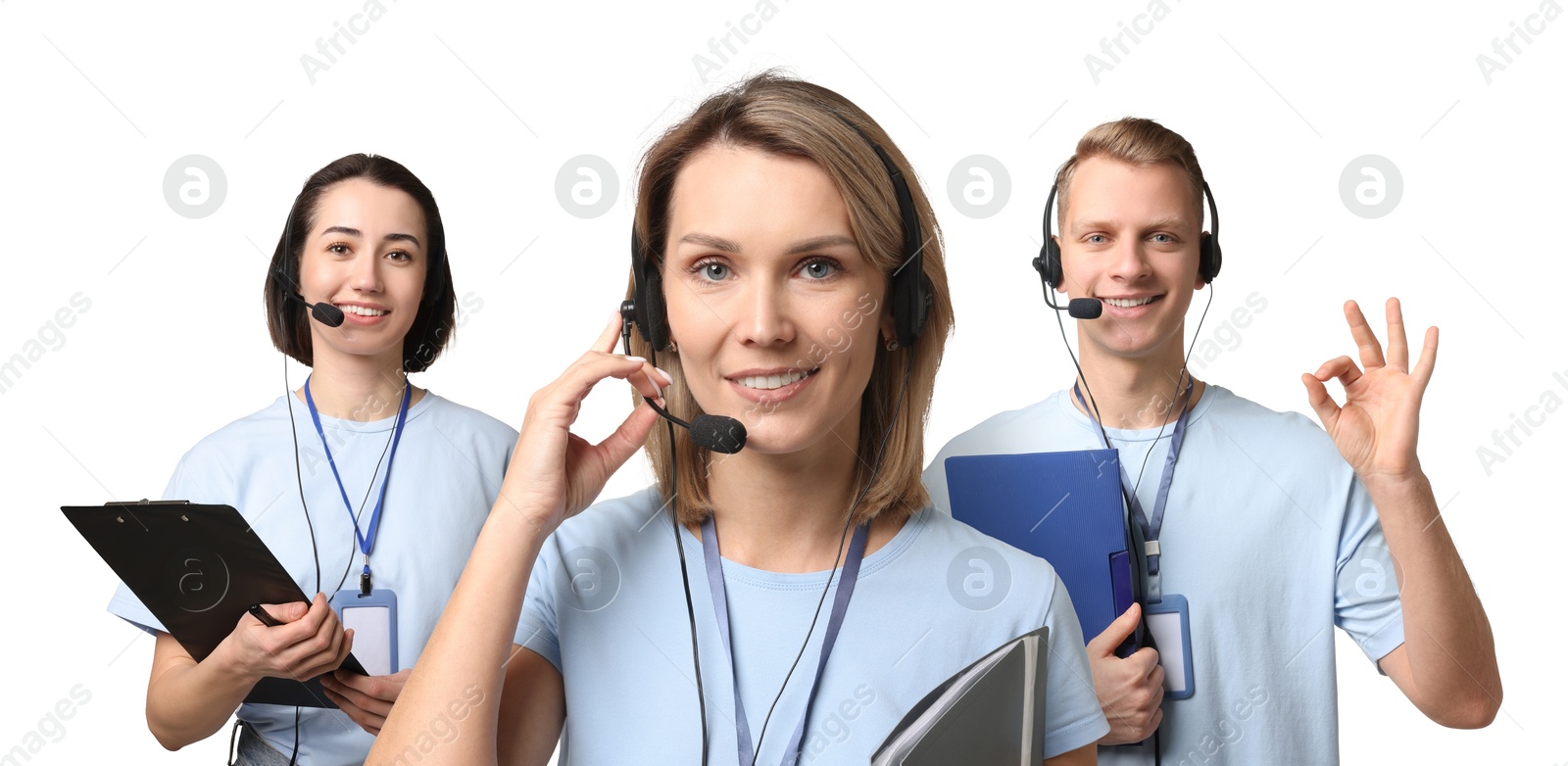 Image of Technical support call center. Friendly operators with headsets on white background