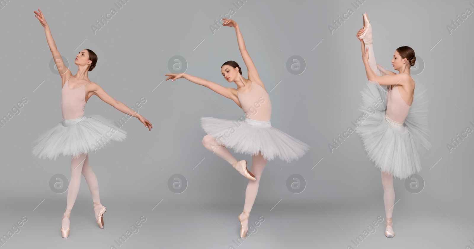 Image of Graceful young ballerina practicing dance moves on grey background, collage of photos