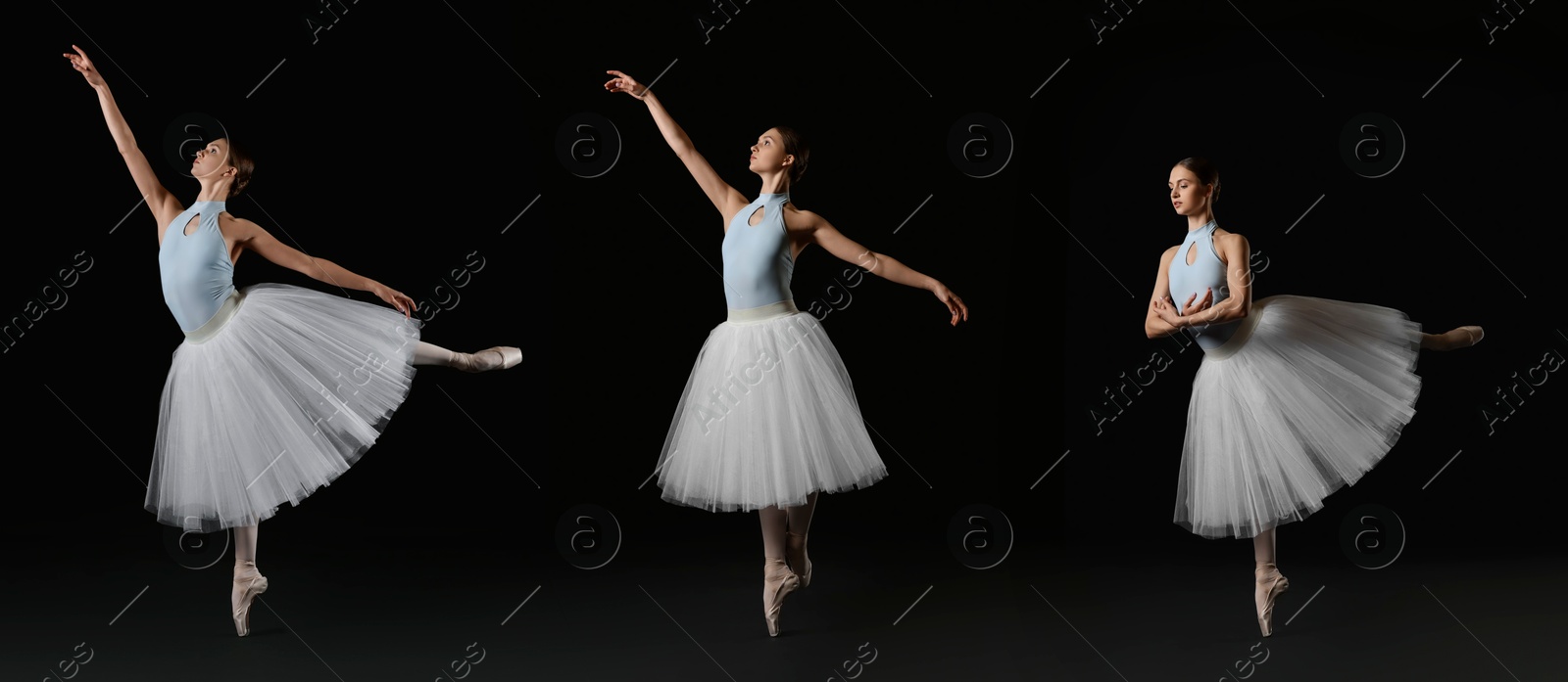 Image of Graceful young ballerina practicing dance moves on black background, collage of photos