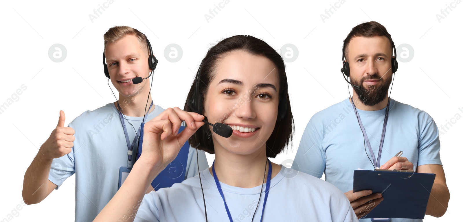 Image of Technical support call center. Friendly operators with headsets on white background