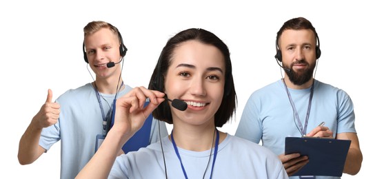 Image of Technical support call center. Friendly operators with headsets on white background