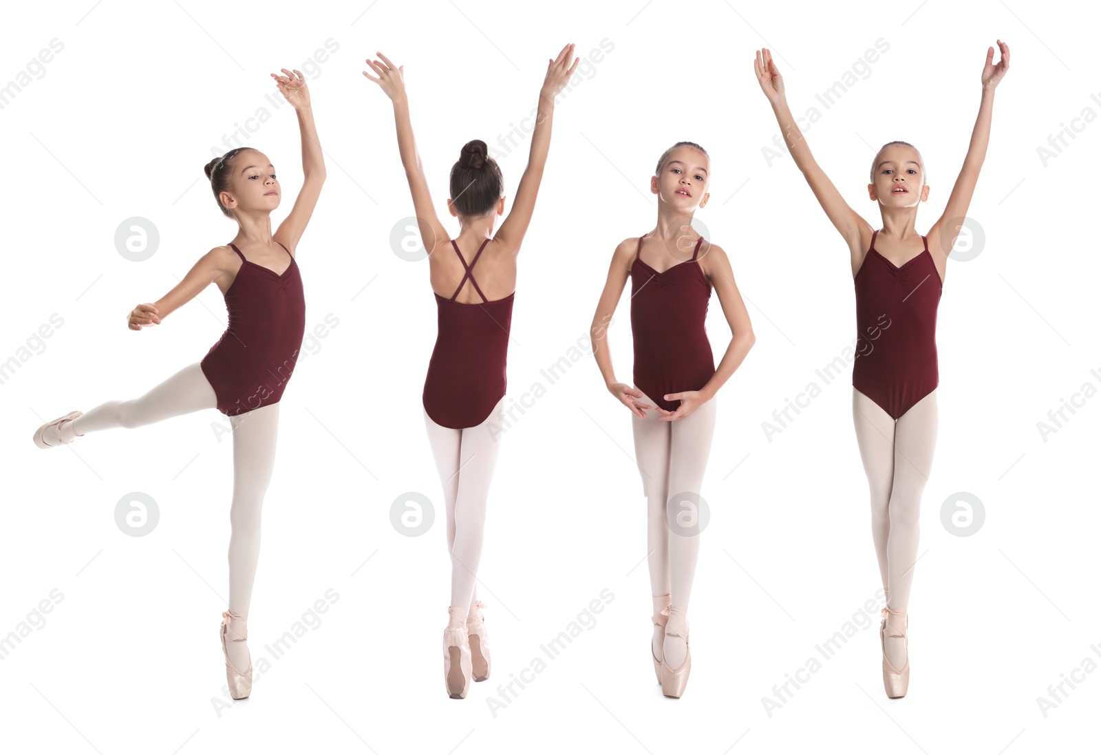 Image of Small ballerina practicing dance moves on white background, collage of photos