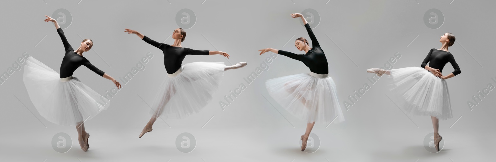 Image of Graceful young ballerina practicing dance moves on light grey background, collage of photos