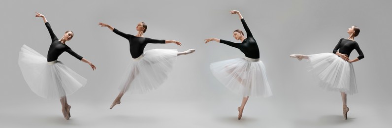 Image of Graceful young ballerina practicing dance moves on light grey background, collage of photos