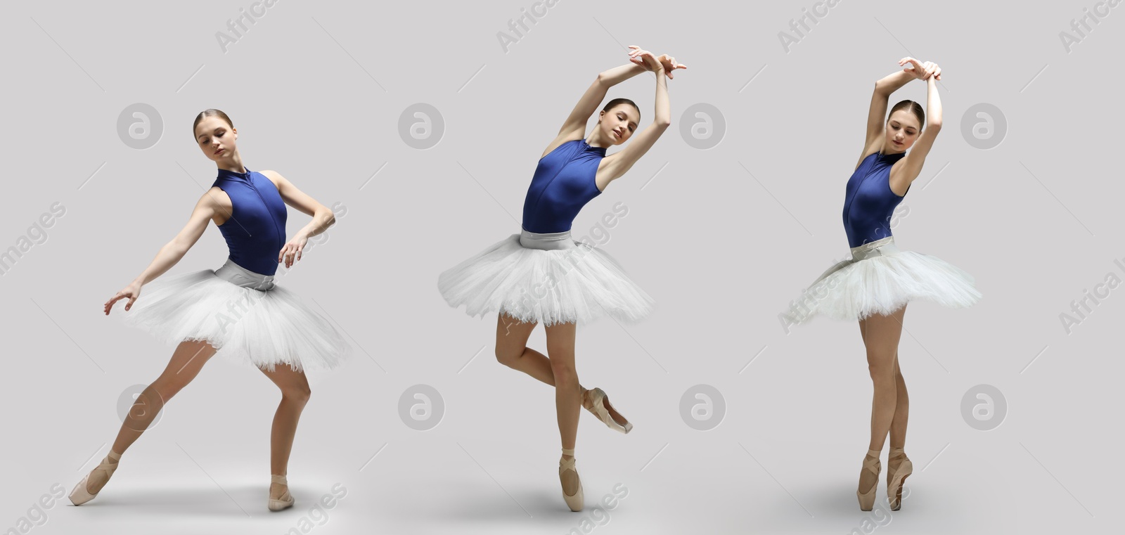 Image of Graceful young ballerina practicing dance moves on light grey background, collage of photos