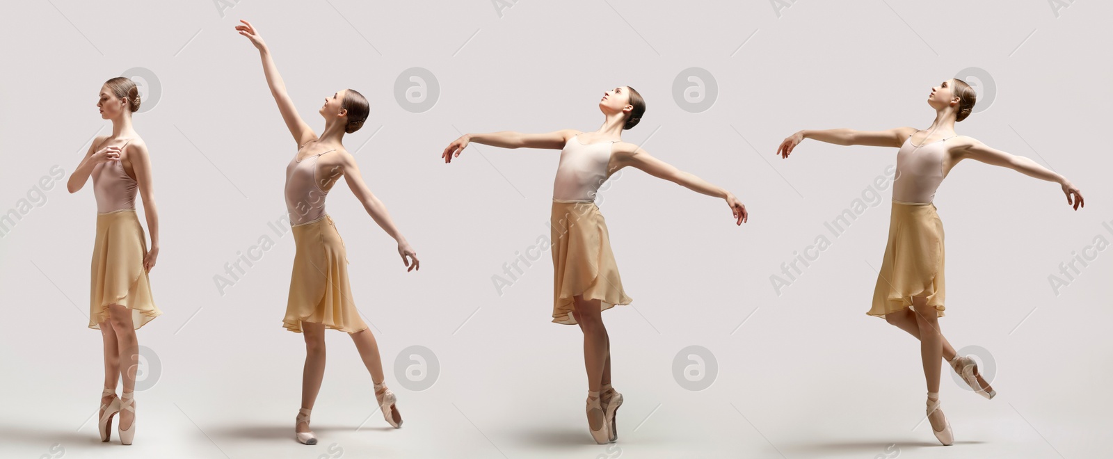 Image of Graceful young ballerina practicing dance moves on light grey background, collage of photos