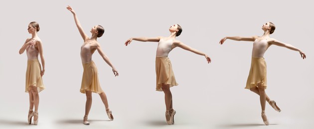 Image of Graceful young ballerina practicing dance moves on light grey background, collage of photos