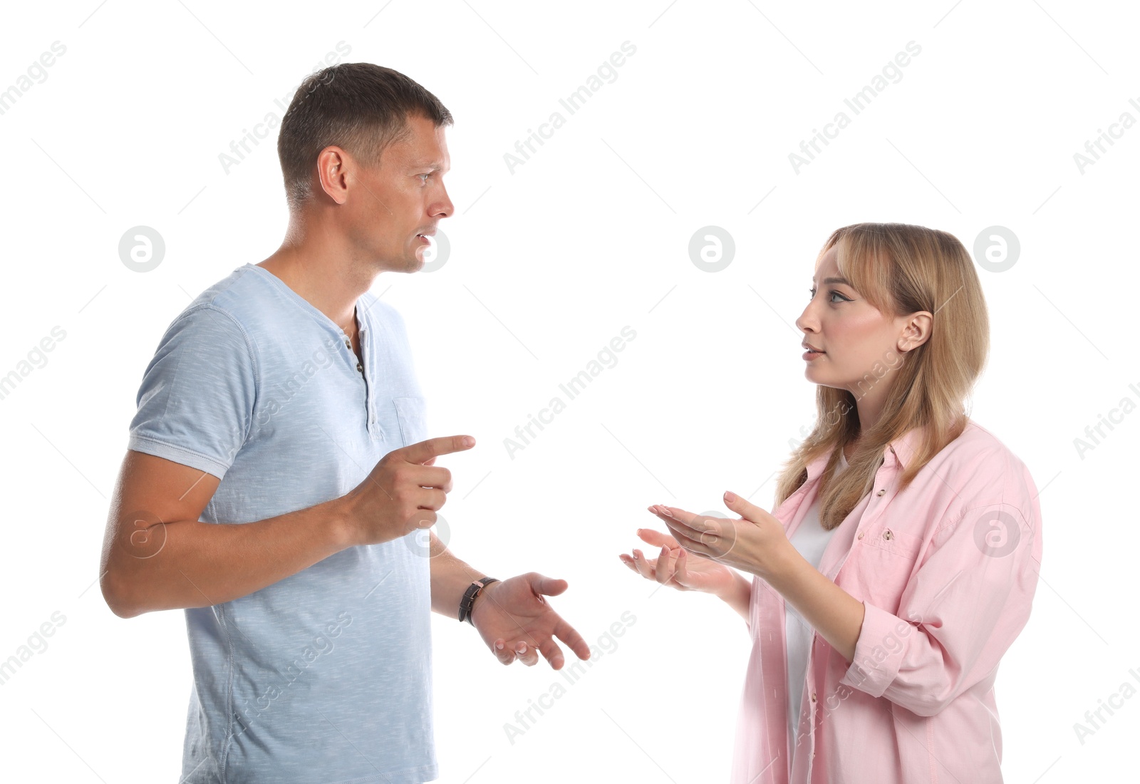 Photo of Man and woman talking on white background