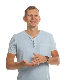 Man in casual clothes talking on white background