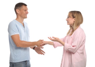 Photo of Man and woman talking on white background