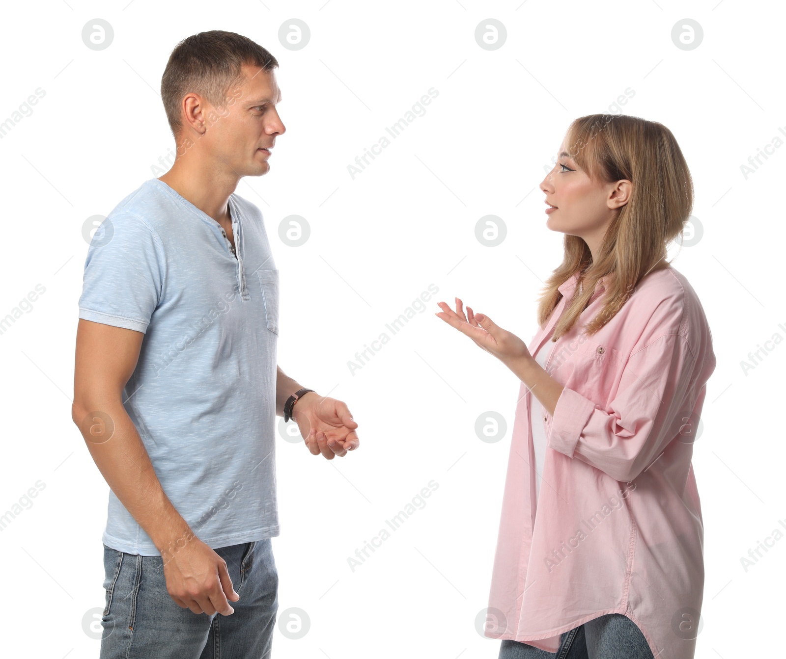 Photo of Man and woman talking on white background