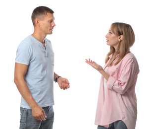 Photo of Man and woman talking on white background