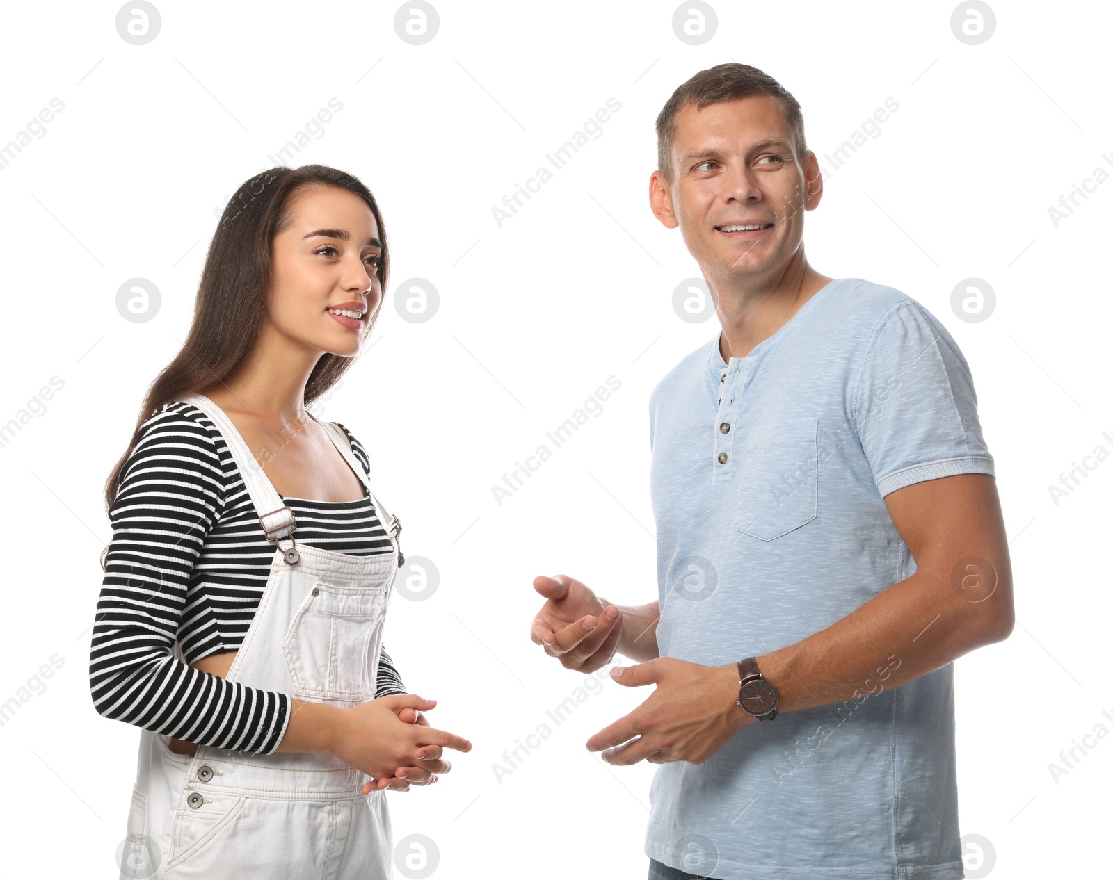 Photo of Man and woman talking on white background