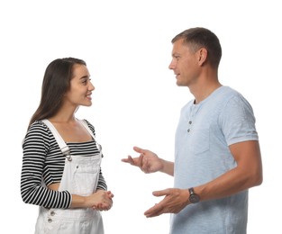 Photo of Man and woman talking on white background