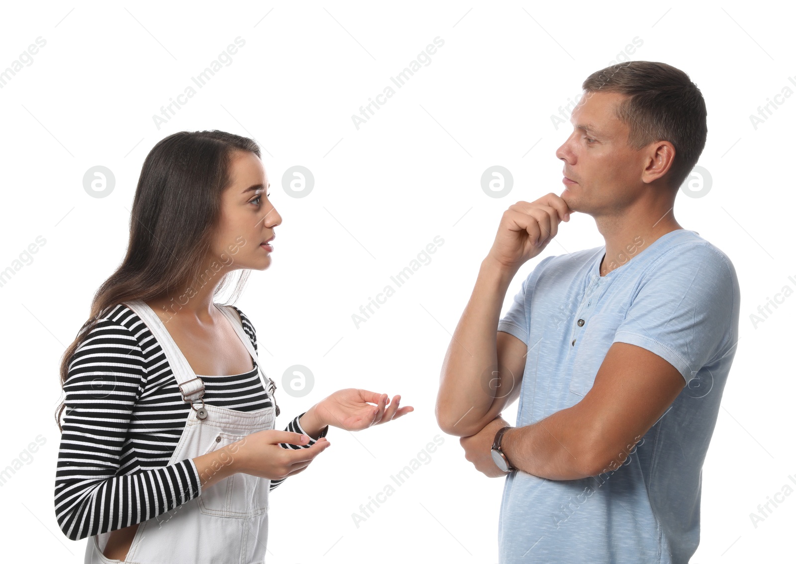 Photo of Man and woman talking on white background