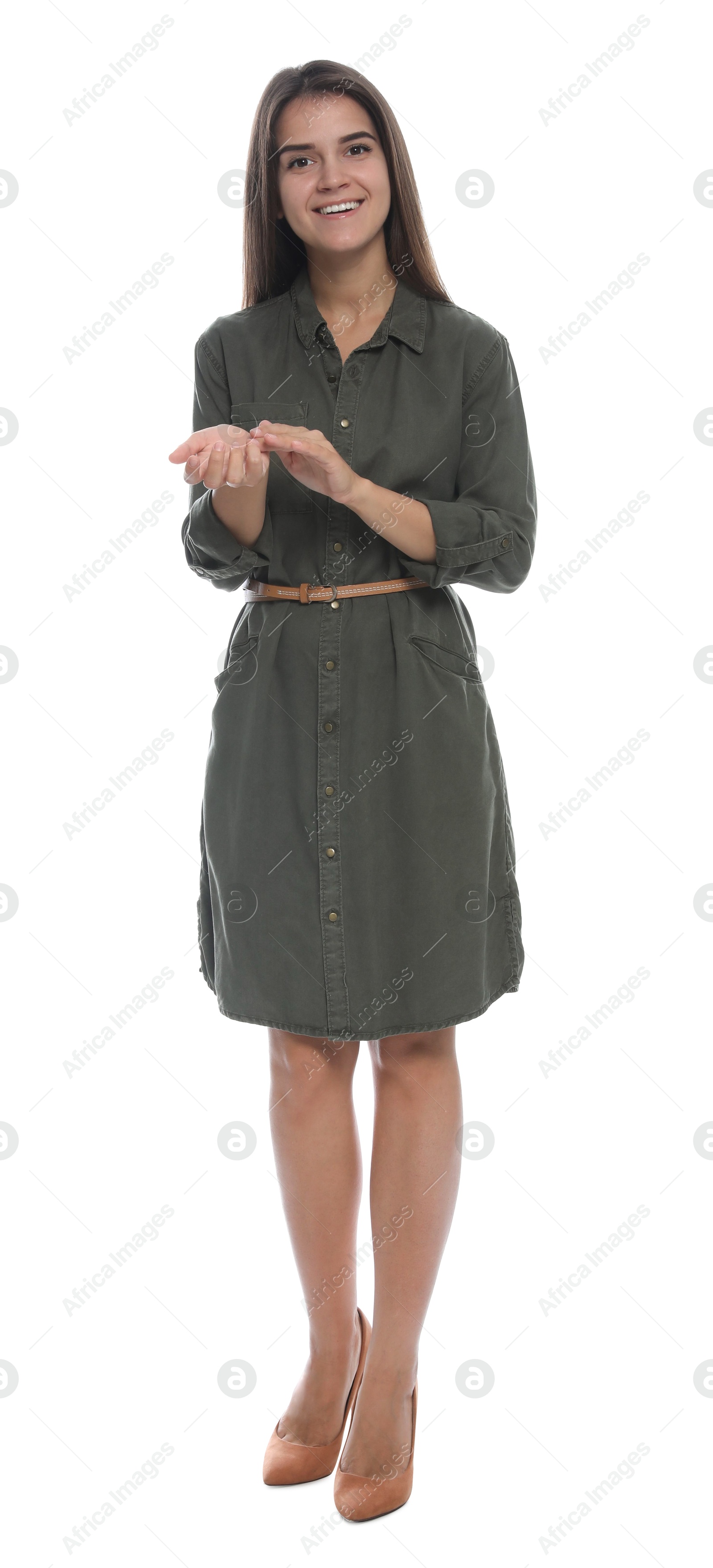 Photo of Young woman in casual clothes talking on white background