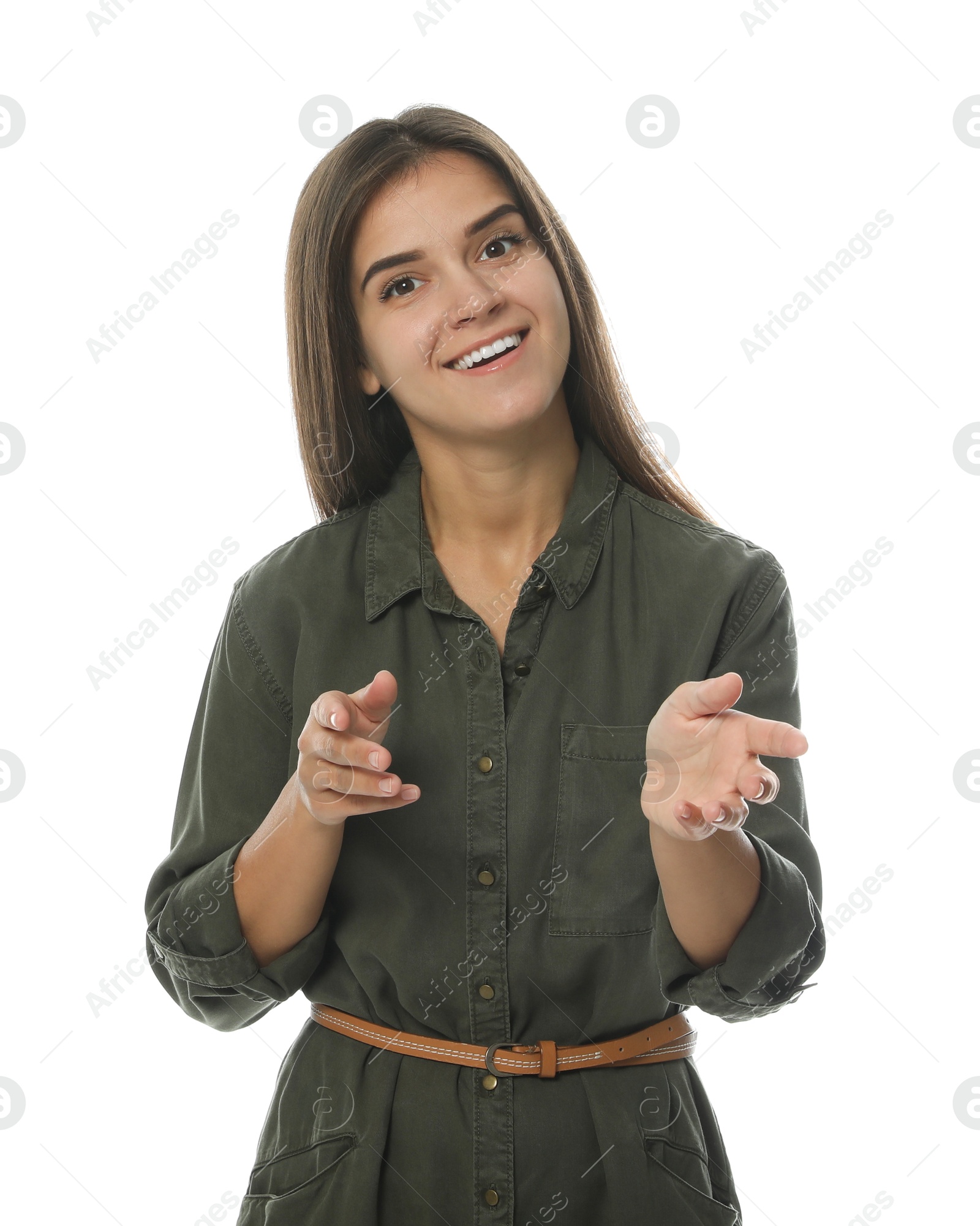 Photo of Young woman in casual clothes talking on white background