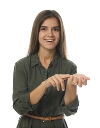 Photo of Young woman in casual clothes talking on white background