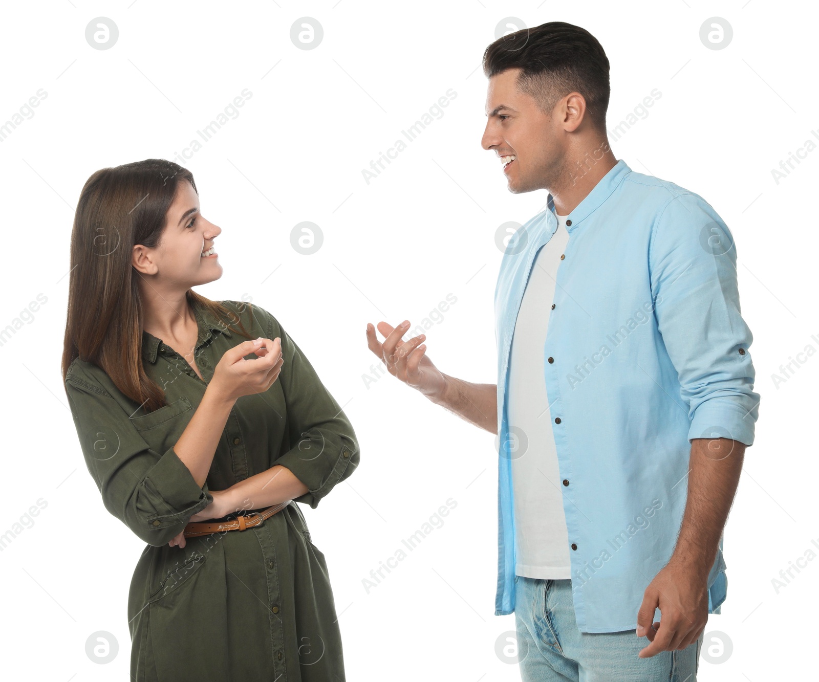 Photo of Man and woman talking on white background