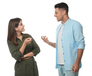 Photo of Man and woman talking on white background