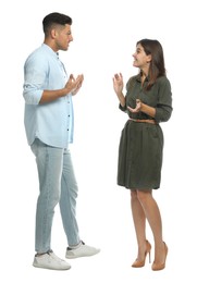 Photo of Man and woman talking on white background