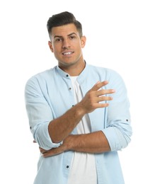 Man in casual clothes talking on white background