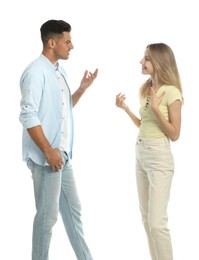 Photo of Man and woman talking on white background