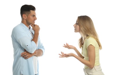 Photo of Man and woman talking on white background