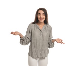 Photo of Young woman in casual clothes talking on white background