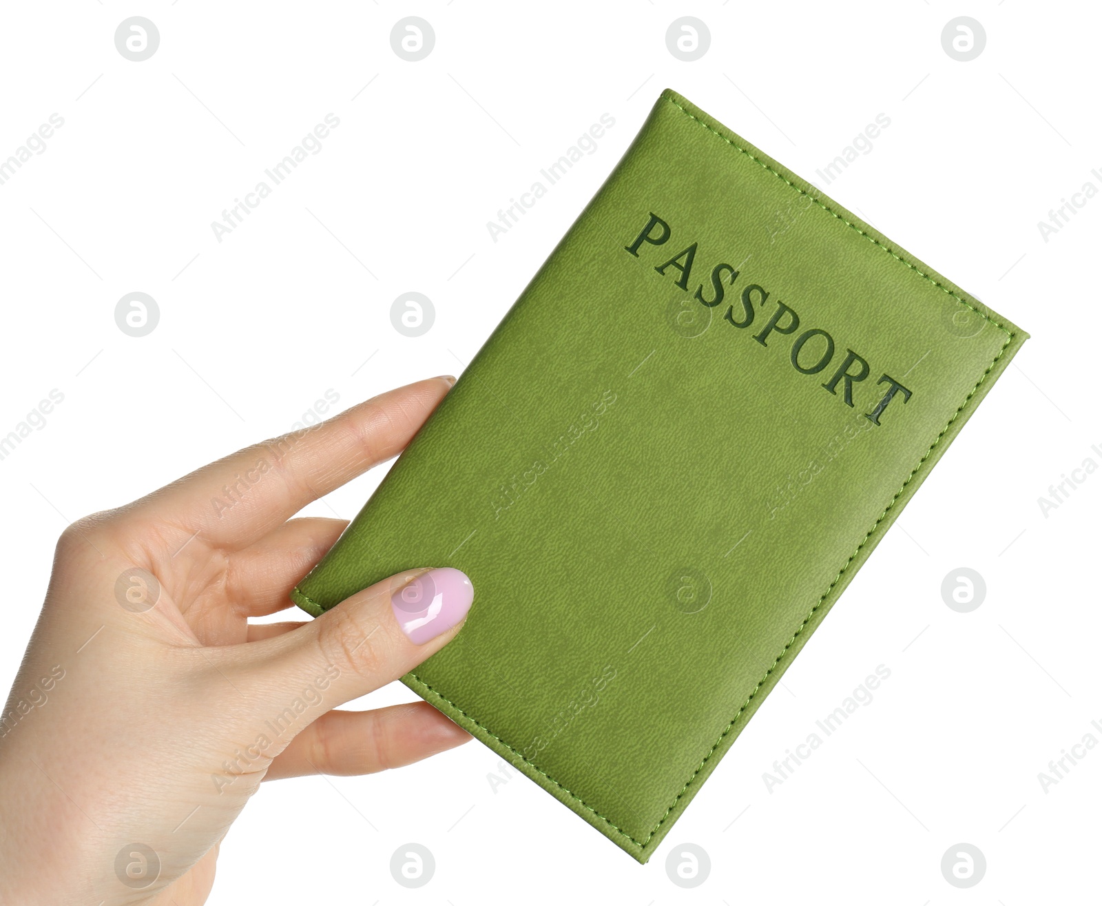 Photo of Woman holding passport in green cover on white background, closeup