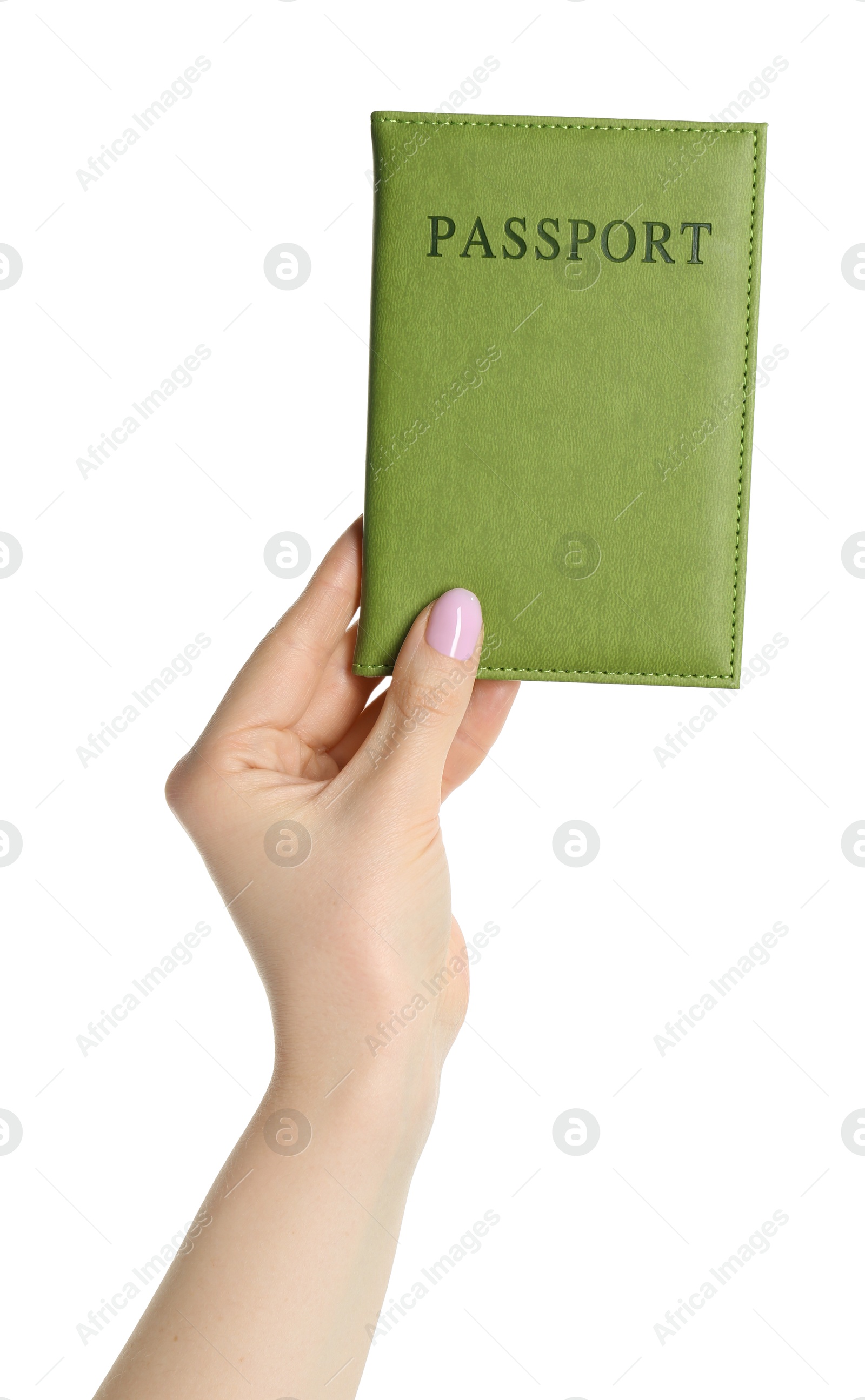 Photo of Woman holding passport in green cover on white background, closeup