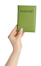 Photo of Woman holding passport in green cover on white background, closeup