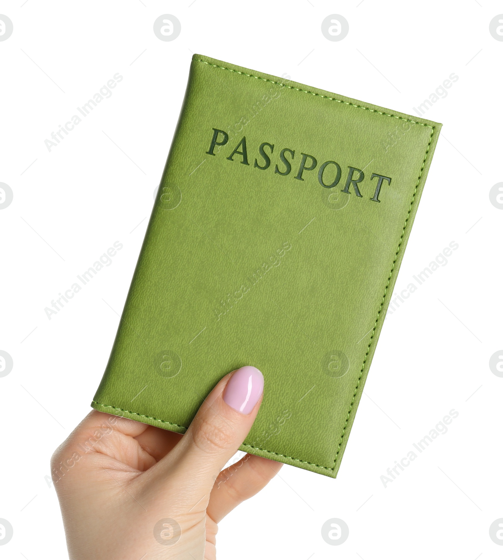 Photo of Woman holding passport in green cover on white background, closeup