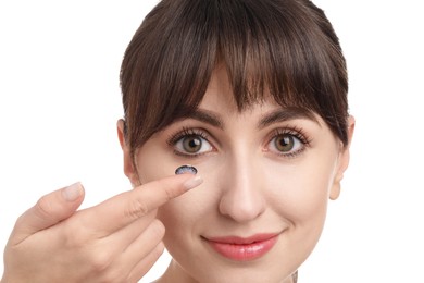 Woman with blue color contact lens on white background, closeup