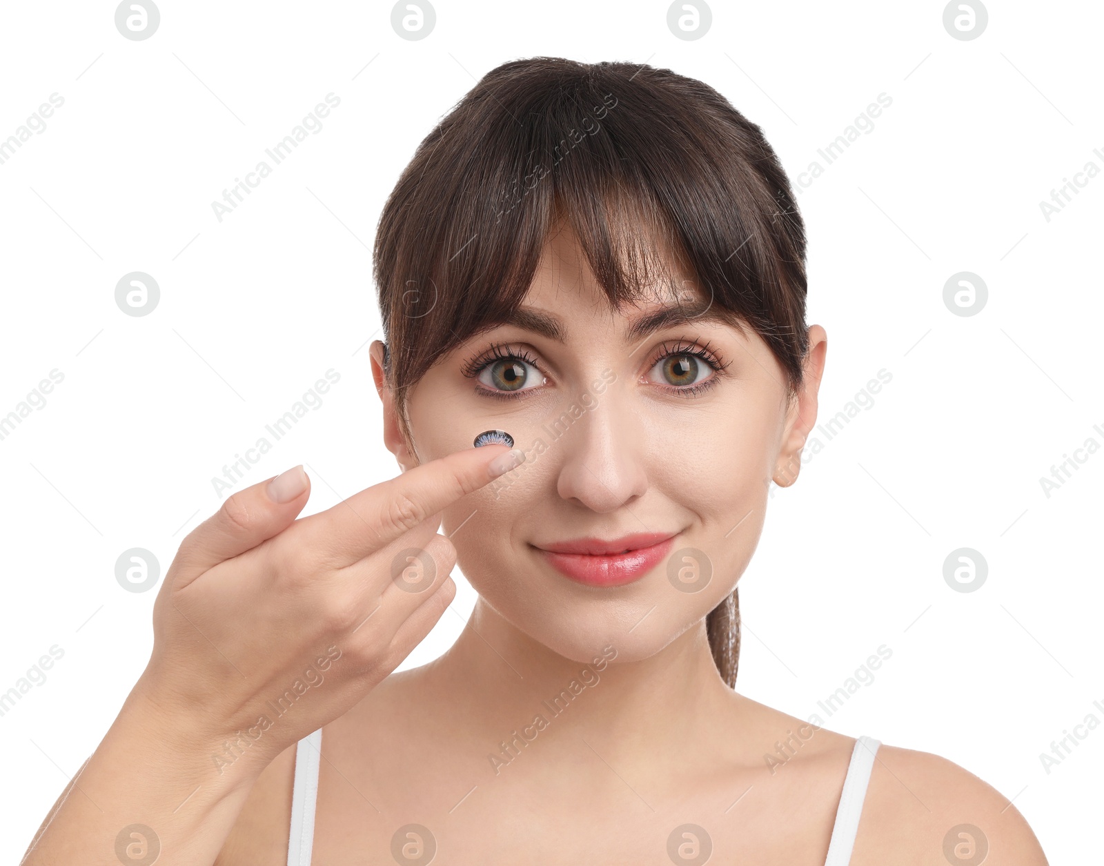 Photo of Woman with blue color contact lens on white background