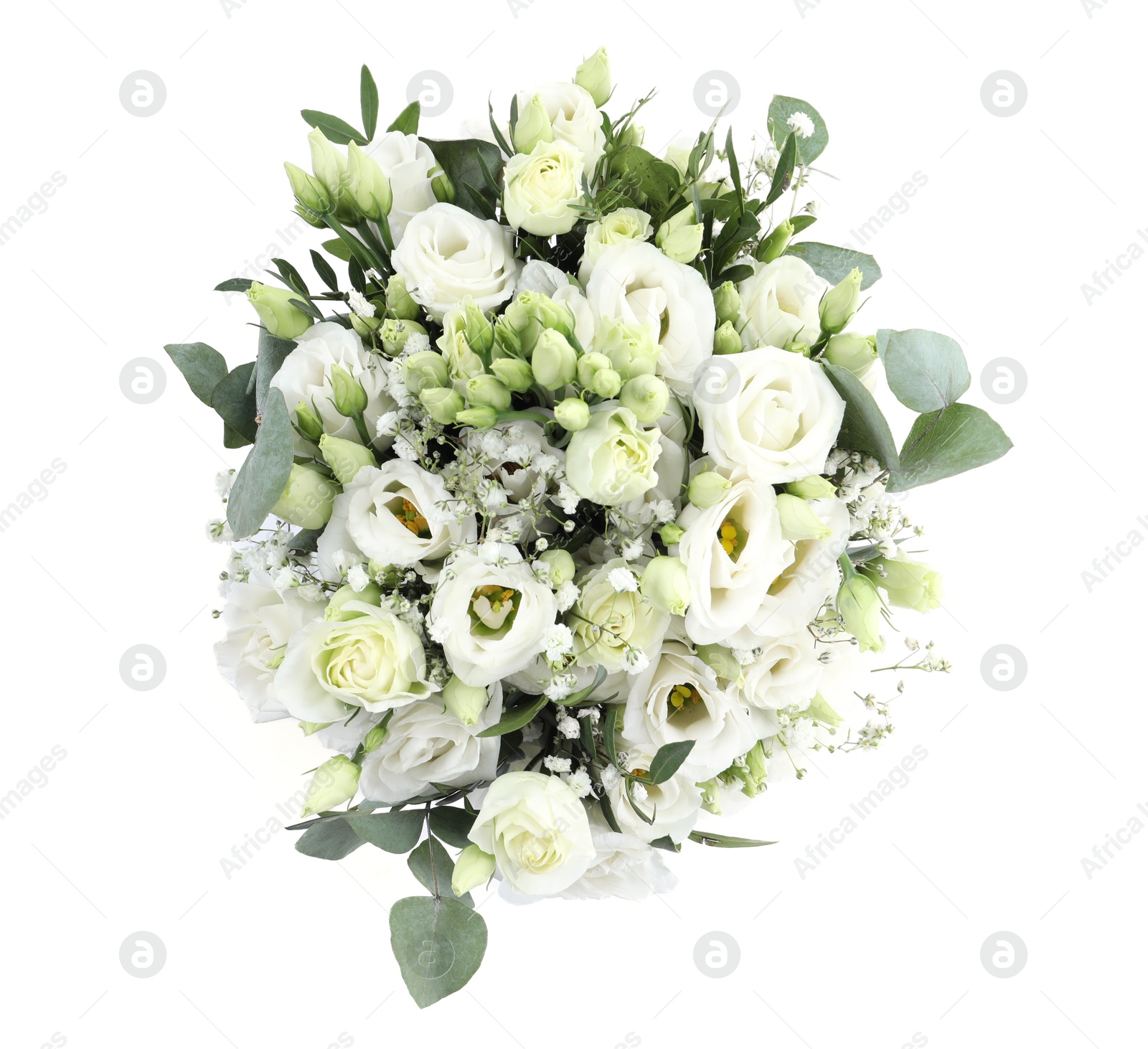 Photo of Wedding bouquet of beautiful flowers isolated on white, top view