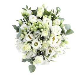 Photo of Wedding bouquet of beautiful flowers isolated on white, top view